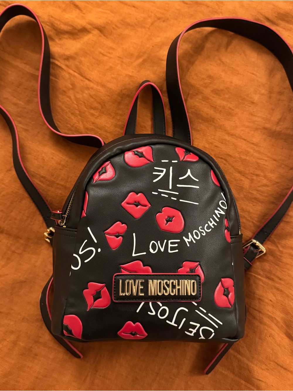 Love Moschino Black Mini Backpack with Red Kiss Print